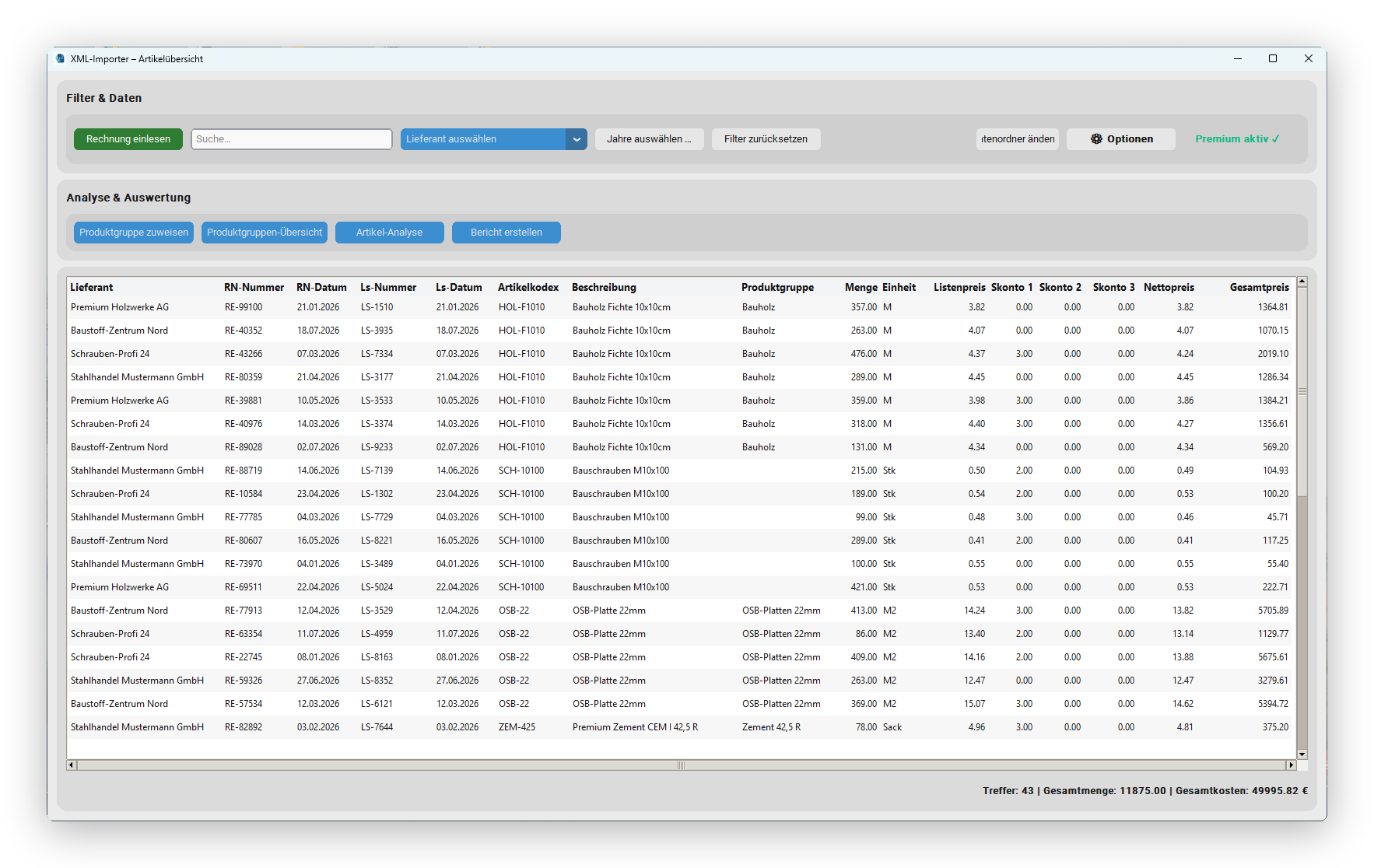 XML-Importer Software-Oberfläche